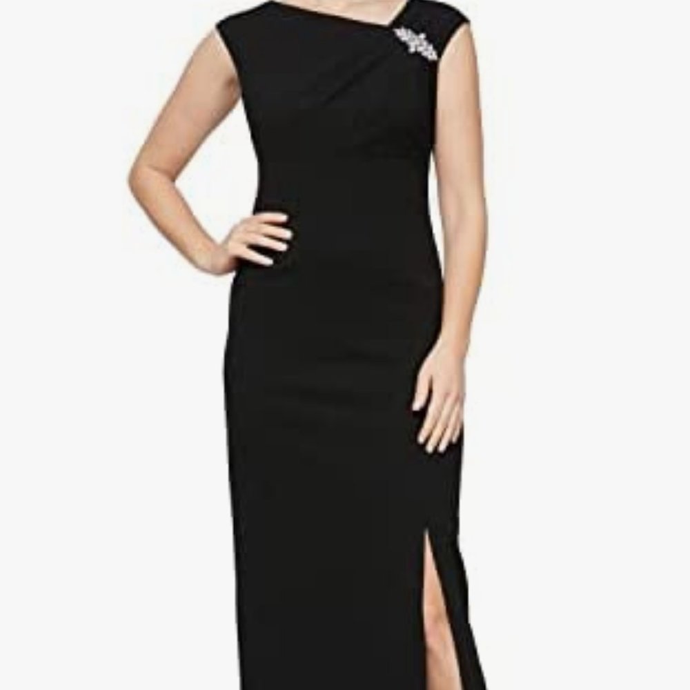Black Sleeveless Formal Dress with Crystal Embellishment at Shoulder and Slit